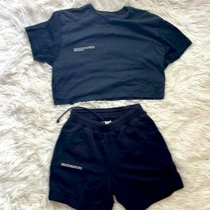 Pangaia black crop tee and sweat short set in size small